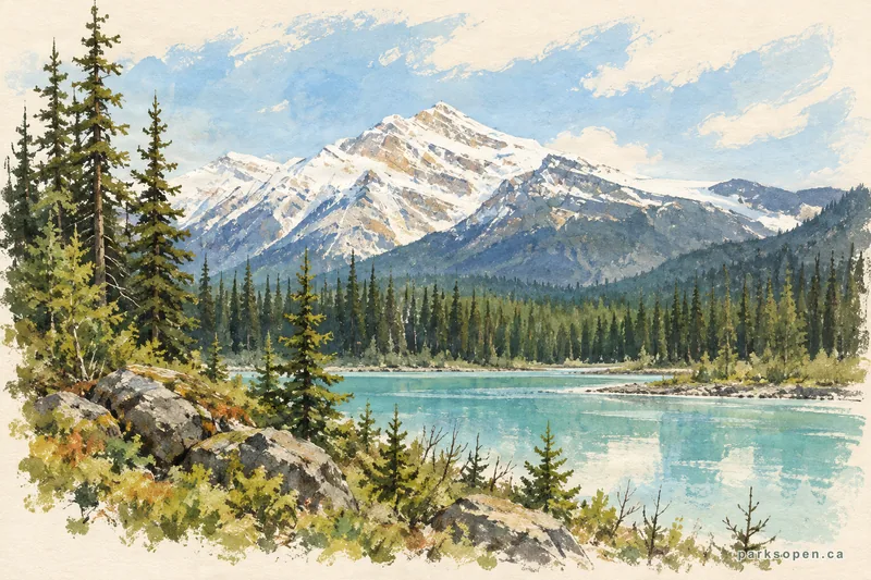 Painterly field-guide interpretation of Berg Lake Trail