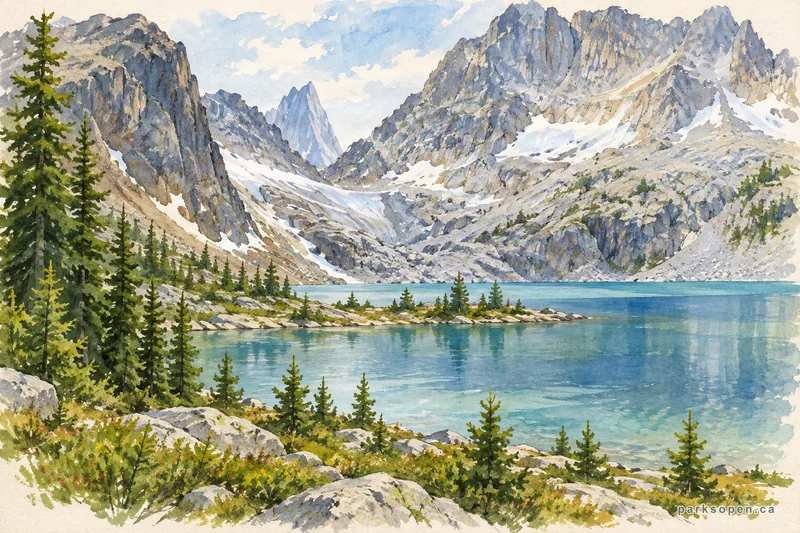 Painterly field-guide interpretation of Bugaboo Backcountry Camping