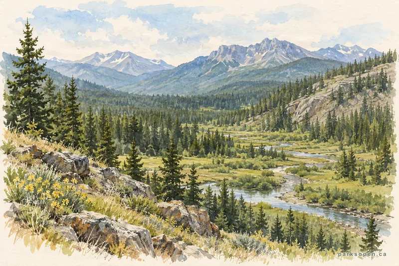 Painterly field-guide interpretation of Dry Gulch Provincial Park