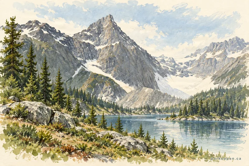 Painterly field-guide interpretation of Elk Lakes Provincial Park