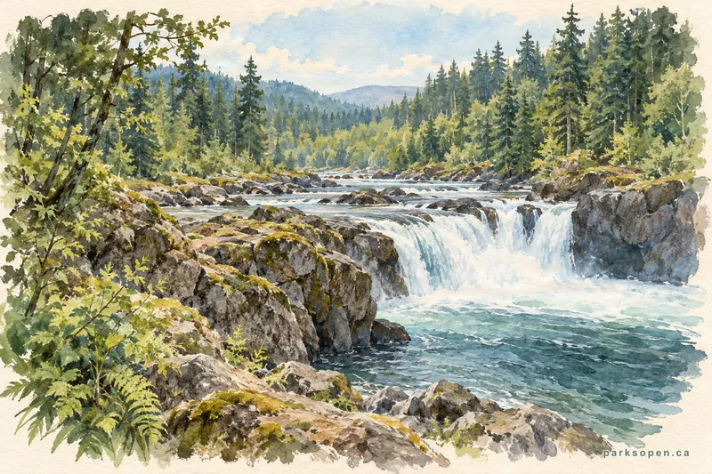 Painterly field-guide interpretation of Englishman River Falls Provincial Park