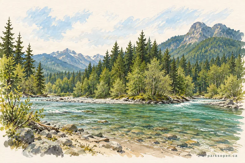Painterly field-guide interpretation of Golden Ears Backcountry