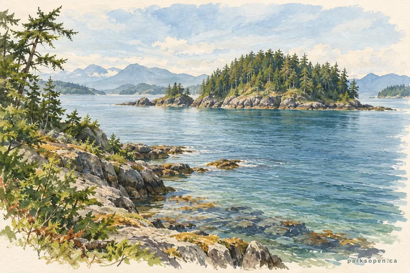 Painterly field-guide interpretation of Jedediah Island Marine Provincial Park