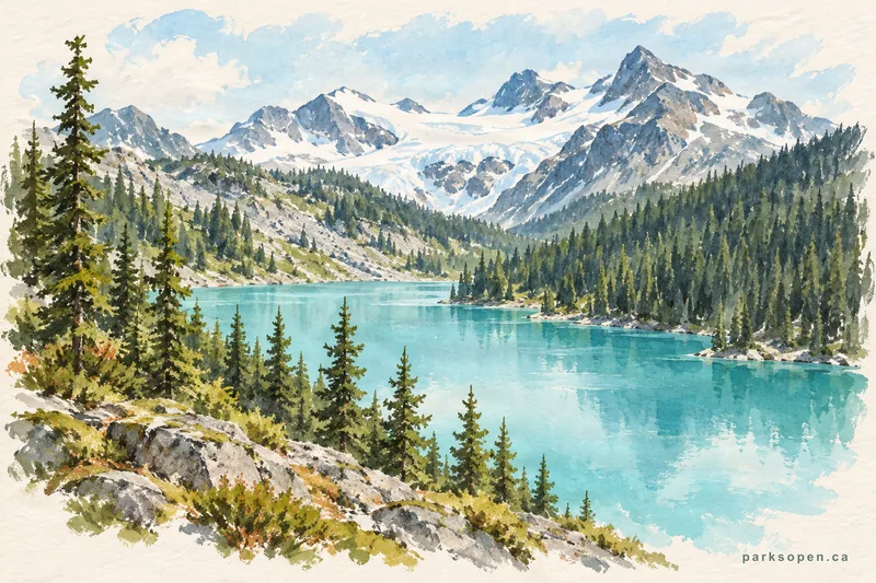 Painterly field-guide interpretation of Joffre Lakes Provincial Park