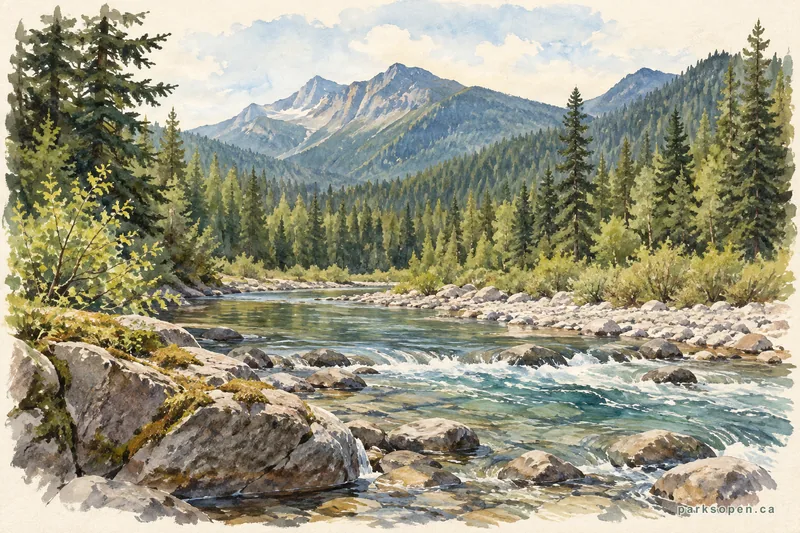 Painterly field-guide interpretation of Kikomun Creek Provincial Park