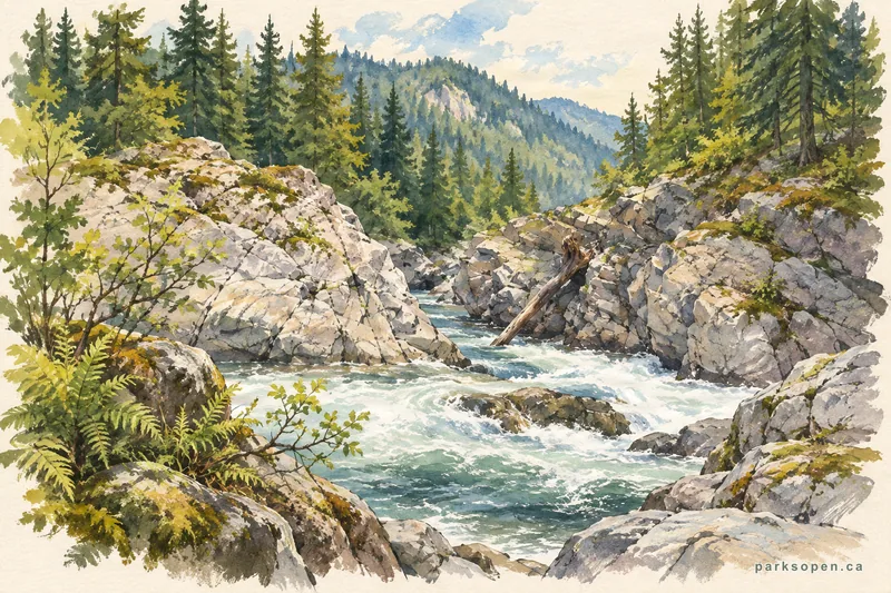 Painterly field-guide interpretation of Kleanza Creek Provincial Park