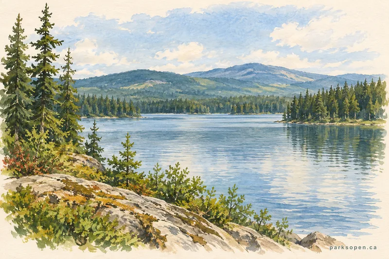 Painterly field-guide interpretation of Lac Le Jeune Provincial Park