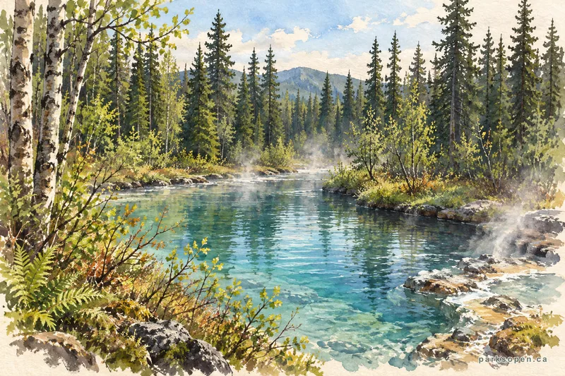 Painterly field-guide interpretation of Liard River Hot Springs Provincial Park