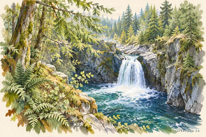 Painterly field-guide interpretation of Little Qualicum Falls Provincial Park