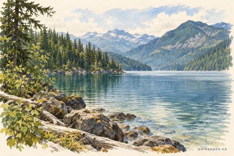 Painterly field-guide interpretation of Martha Creek Provincial Park