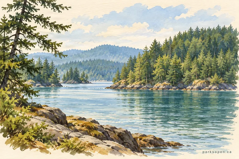Painterly field-guide interpretation of Montague Harbour Marine Provincial Park