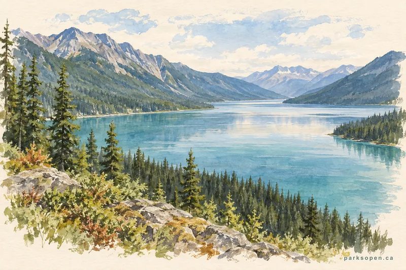 Painterly field-guide interpretation of Muncho Lake Provincial Park
