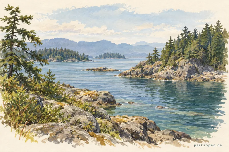 Painterly field-guide interpretation of Pirates Cove Marine Provincial Park