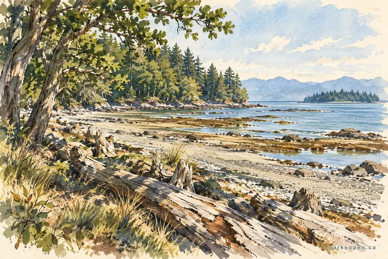 Painterly field-guide interpretation of Saysutshun (Newcastle Island Marine) Provincial Park