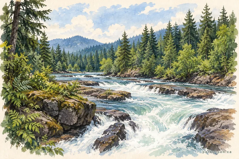 Painterly field-guide interpretation of Stamp River Provincial Park