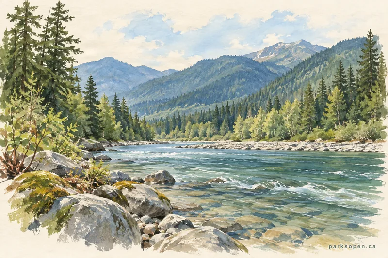Painterly field-guide interpretation of Steelhead Provincial Park