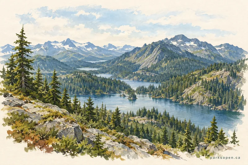 Painterly field-guide interpretation of Strathcona Backcountry