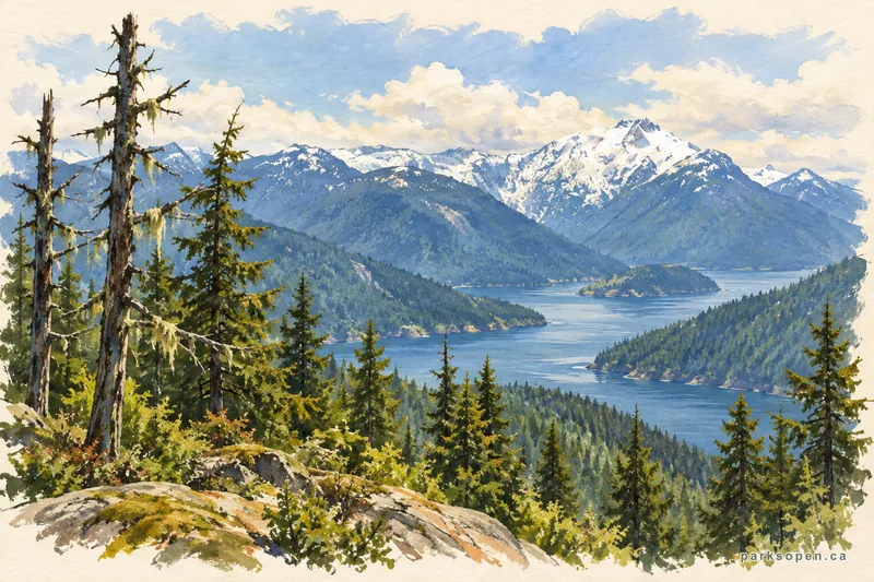 Painterly field-guide interpretation of Taylor Arm Provincial Park