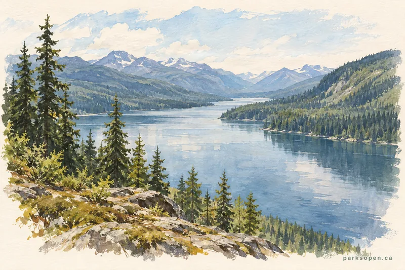 Painterly field-guide interpretation of Wells Gray Provincial Park — Clearwater Lake / Falls Creek